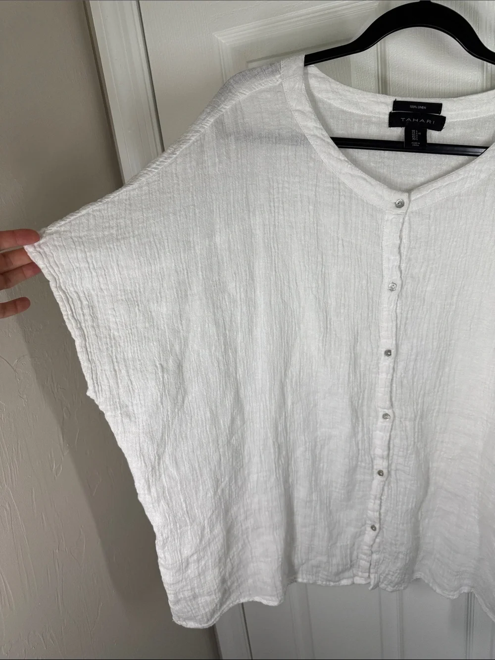 Tahari gauzy linen button down white flowy boxy oversized blouse size large